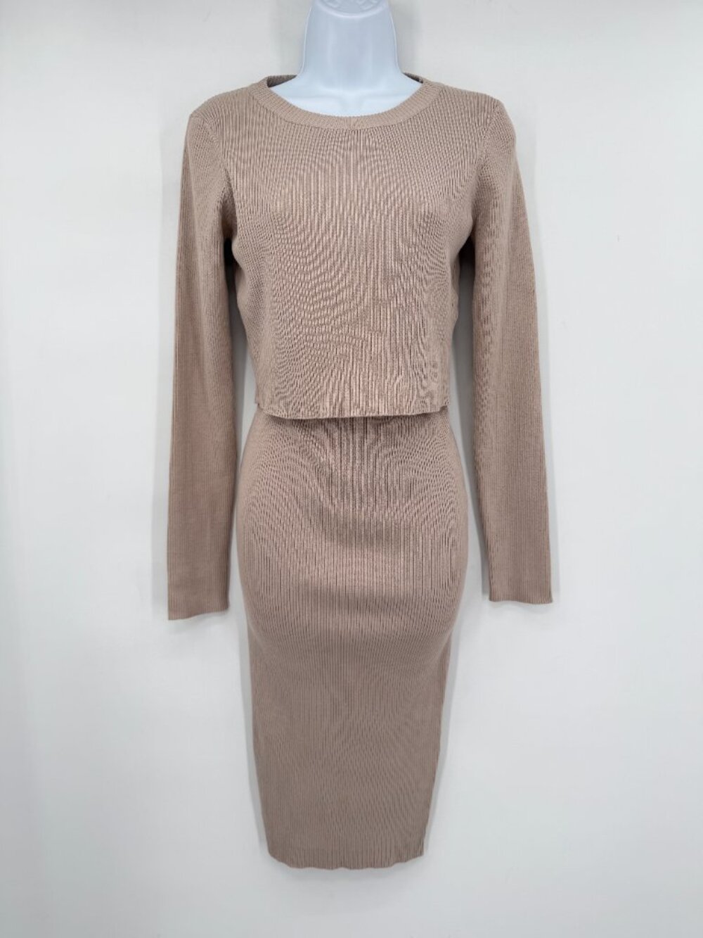 REHAB NWT Taupe /Tan Ribbed Knit Crop Top Midi Cocktail Bodycon Skirt Set L